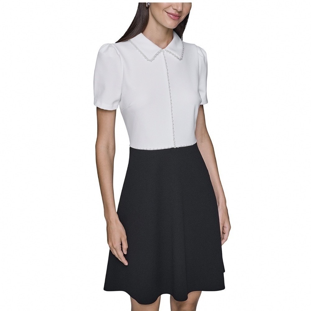 Karl Lagerfeld Paris Scuba Crepe Fit & Flare Dress Pearl Trim White Black 16‎